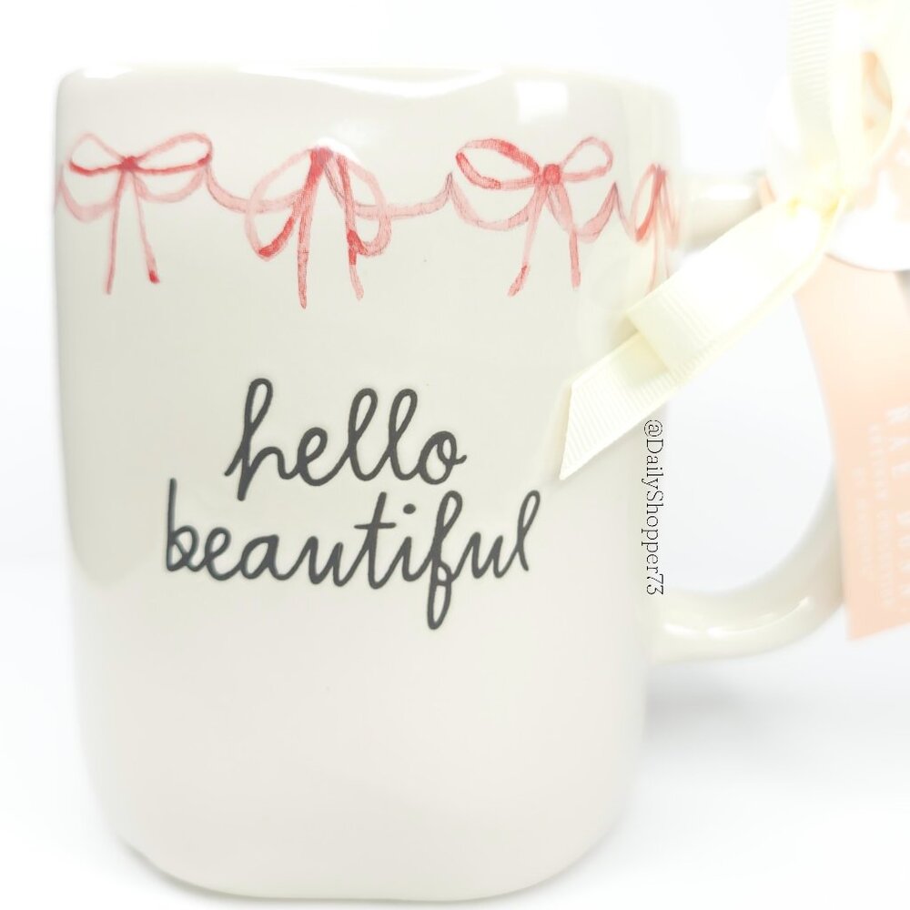 Rae Dunn "hello beautiful" White Watercolor Bows Ceramic Coffee Mug